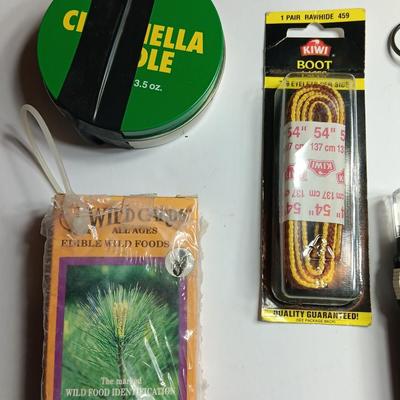 Survival gear - Fold away shovel - Safety matches - Tasco 30x illuminated microscope and more