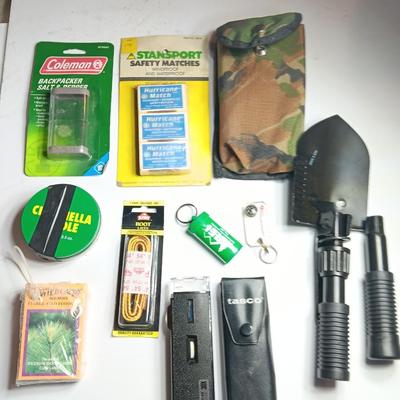 Survival gear - Fold away shovel - Safety matches - Tasco 30x illuminated microscope and more