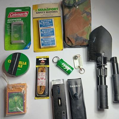Survival gear - Fold away shovel - Safety matches - Tasco 30x illuminated microscope and more