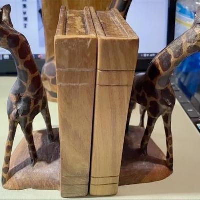 3 Vintage Hand Carved Wooden Giraffe Book Ends