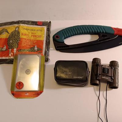 Survival gear - rain coat - Snap Cut Gilmour saw - nice Simons Realtree Binoculars - emergency signal mirror.
