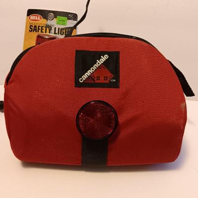 Cannondale bicycle bag and several different safety lights