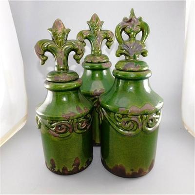 5 Set of 3 Ceramic Green and Black Fleur De Lis Canisters 15