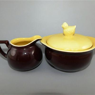 8 Lot of 2 - Hall Bright Yellow and Brown Pottery Creamer and Condiment Jar with Chick on Lid