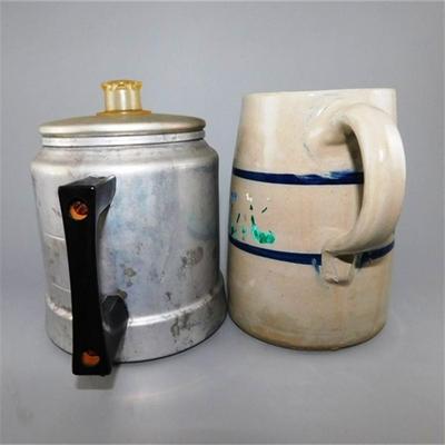 29 Lot of 2 Vintage Kitchen - 6" Aluminum Coffee Kettle and 5 1/2" Crock Jug