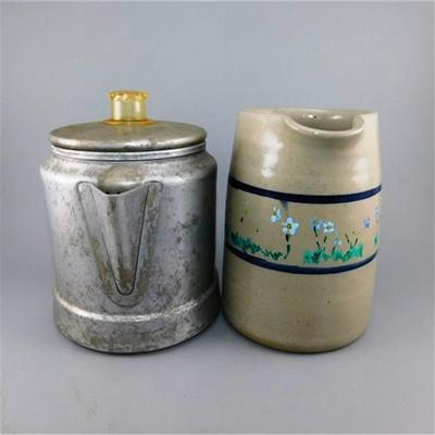 29 Lot of 2 Vintage Kitchen - 6" Aluminum Coffee Kettle and 5 1/2" Crock Jug