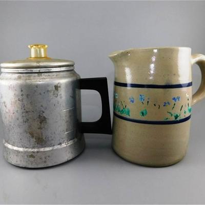 29 Lot of 2 Vintage Kitchen - 6" Aluminum Coffee Kettle and 5 1/2" Crock Jug