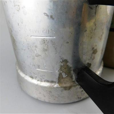 29 Lot of 2 Vintage Kitchen - 6" Aluminum Coffee Kettle and 5 1/2" Crock Jug