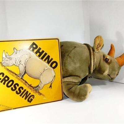35 27" Large Stuffed Rhino with 12 x 12" Rhino Crossing Sign