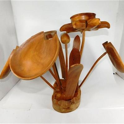 58 15" Wooden Sculpture of Lily Pads and Leaves (Stems and Leaves are placed not Attached)