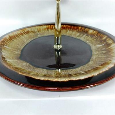 68 9" Pfaltzgraff Pottery Brown Drip Glaze 2 Tier Serving Tray Brass Handle