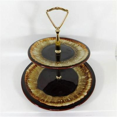 68 9" Pfaltzgraff Pottery Brown Drip Glaze 2 Tier Serving Tray Brass Handle