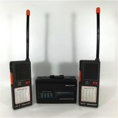 90 Lot of 2 Sky Talker Walkie Talkies( no backs for batteries) and AM-FM Radio Cassette Player (Travel Size)