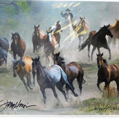91 Original Print by the Late Jerry Harris Signed & Embossed Cowboy and Mustangs