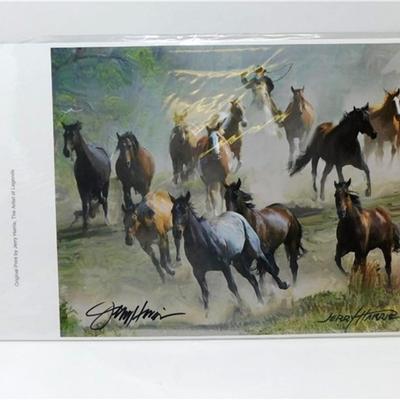 91 Original Print by the Late Jerry Harris Signed & Embossed Cowboy and Mustangs