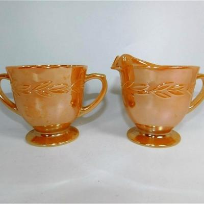 153 Fire King Footed Sugar Bowl and Creamer Peach Luster Leaf Pattern