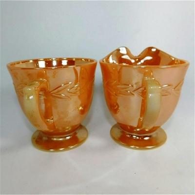153 Fire King Footed Sugar Bowl and Creamer Peach Luster Leaf Pattern