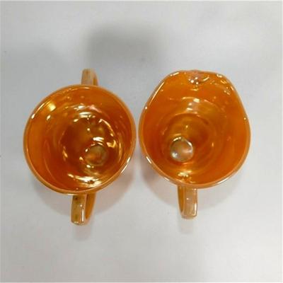 153 Fire King Footed Sugar Bowl and Creamer Peach Luster Leaf Pattern