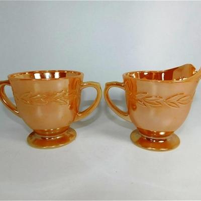 153 Fire King Footed Sugar Bowl and Creamer Peach Luster Leaf Pattern