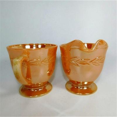 153 Fire King Footed Sugar Bowl and Creamer Peach Luster Leaf Pattern