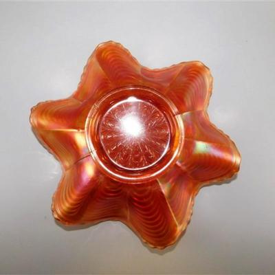 158 Fenton Peacock Tail Marigold Carnival Bowl 7 x 2 1/4
