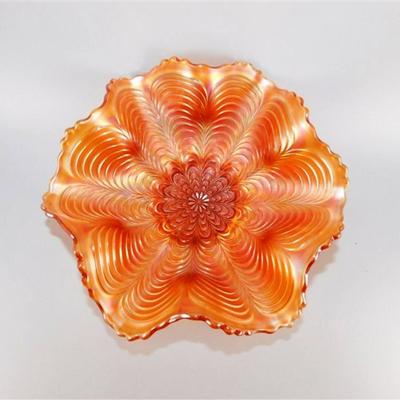 158 Fenton Peacock Tail Marigold Carnival Bowl 7 x 2 1/4