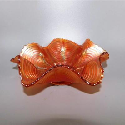 158 Fenton Peacock Tail Marigold Carnival Bowl 7 x 2 1/4