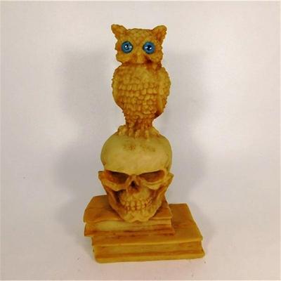161 7" Owl 7 Skull Book Stack Resin with Blue Eyes