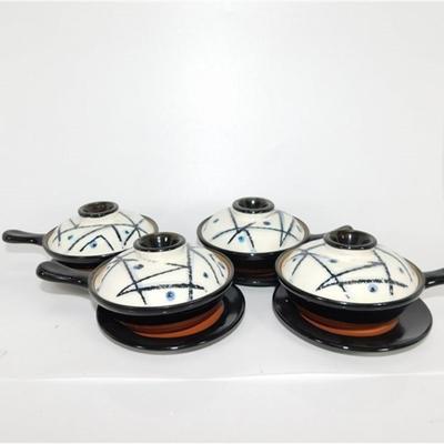 188 Lot of 4 Stoneware Lidded Ramekins with Saucer