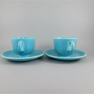 199 Lot of 4 pcs Fiesta Style Cups and Saucers Blue ( one cups has small chip)