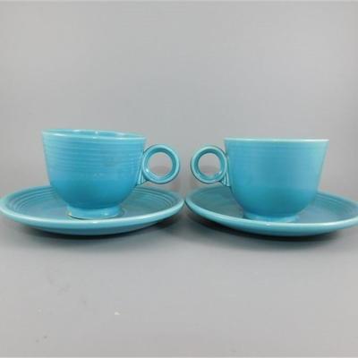 199 Lot of 4 pcs Fiesta Style Cups and Saucers Blue ( one cups has small chip)