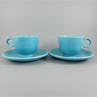 199 Lot of 4 pcs Fiesta Style Cups and Saucers Blue ( one cups has small chip)