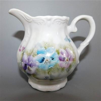 201 Vintage Coffee Pot Cream and Sugar with Blue and Purple Floral Design