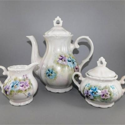 201 Vintage Coffee Pot Cream and Sugar with Blue and Purple Floral Design