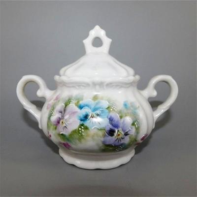 201 Vintage Coffee Pot Cream and Sugar with Blue and Purple Floral Design
