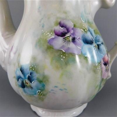 201 Vintage Coffee Pot Cream and Sugar with Blue and Purple Floral Design