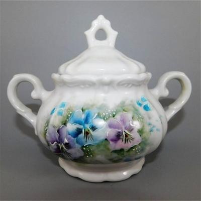 201 Vintage Coffee Pot Cream and Sugar with Blue and Purple Floral Design