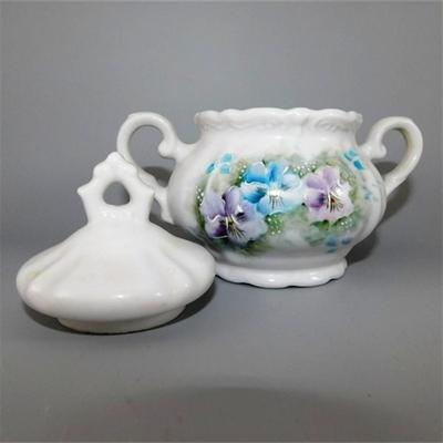 201 Vintage Coffee Pot Cream and Sugar with Blue and Purple Floral Design
