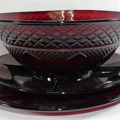 216 Lot of 3 Pieces of Ruby Red Luminarc Cristal D' Arques Glass- 13in Platter-10 1/2 x 4 Bowl- 10 in Divided Plate