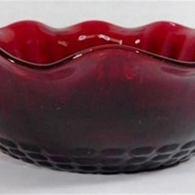 220 Lot of 2 Anchor Hocking Glass Bowls Royal Ruby Ruffle Ribs and Hobnails 6 1/2 x 2
