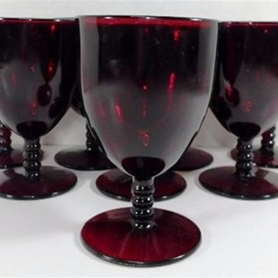 221 Lot of 8 Anchor Hocking Ruby Red Water Goblets Beaded Stems 5 1/4 x 3