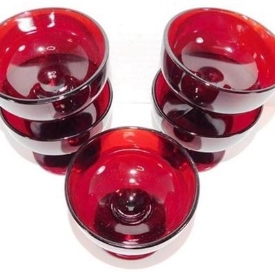 224 Lot of 5 Anchor Hocking Ruby Red 3 x 3 1/2 Glasses with Beaded Stem