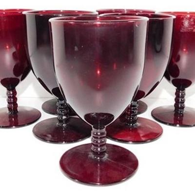 225 Lot of 7 Anchor Hocking Ruby Red Water Goblets Beaded Stems 5 1/4 x 3