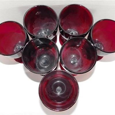 225 Lot of 7 Anchor Hocking Ruby Red Water Goblets Beaded Stems 5 1/4 x 3