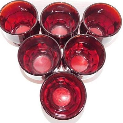 227 Lot of 6 Anchor Hocking Ruby Red Georgian Juice Glasses Honey Comb 3 x 2 1/2
