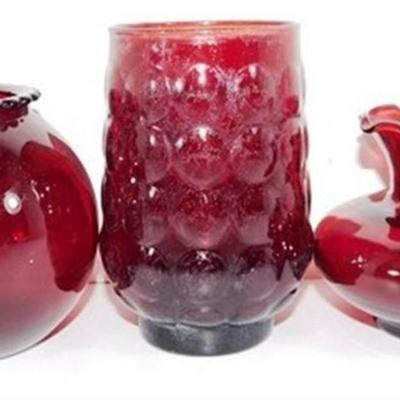 231 Lot of 4 of Ruby Red Anchor Hocking - 3 Vases and Lidded Candy Dish Ruby Red Lid Clear Bottom 4-7 inches