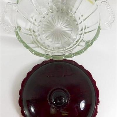 231 Lot of 4 of Ruby Red Anchor Hocking - 3 Vases and Lidded Candy Dish Ruby Red Lid Clear Bottom 4-7 inches