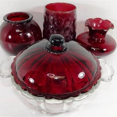 231 Lot of 4 of Ruby Red Anchor Hocking - 3 Vases and Lidded Candy Dish Ruby Red Lid Clear Bottom 4-7 inches