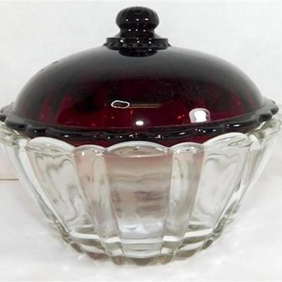 231 Lot of 4 of Ruby Red Anchor Hocking - 3 Vases and Lidded Candy Dish Ruby Red Lid Clear Bottom 4-7 inches