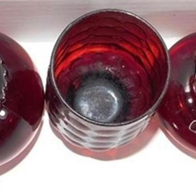 231 Lot of 4 of Ruby Red Anchor Hocking - 3 Vases and Lidded Candy Dish Ruby Red Lid Clear Bottom 4-7 inches